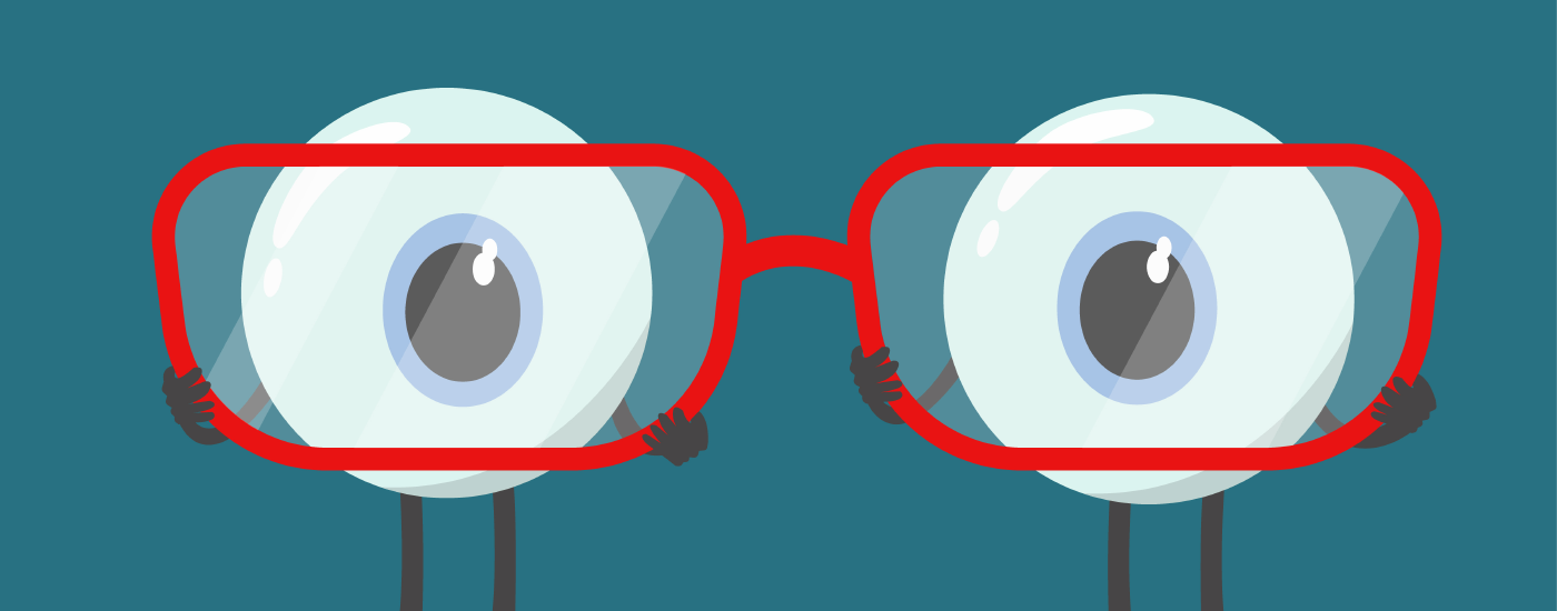 Image of two cartoon eyeballs holding up a red pair of glasses, so that the eyes can see.