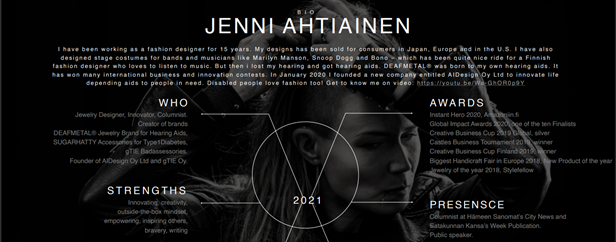 Image of Jenni Ahtiainen's Bio Page. Founder & Head Designer at AIDesign Oy and works at Creator & Designer at Deafmetal and Designer, Executive Force at gTie