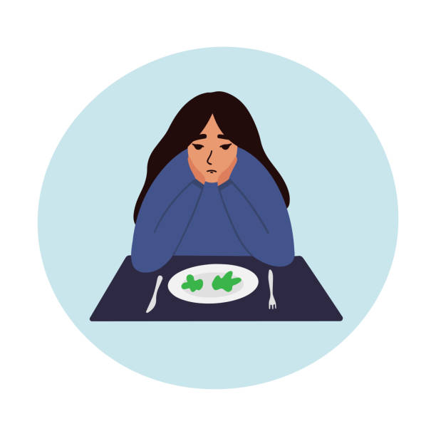 A cartoon female sitting at a plate, struggling with her eating choices