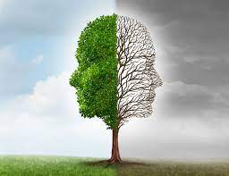 Meant to signify bipolar disorder and the difference between mania and depression. The tree has two faces for the top portion. One side of the tree is a face with lush green leaves and has a background of a nice sunny day and the other is a face full of empty branches with a background of a cloudy day.