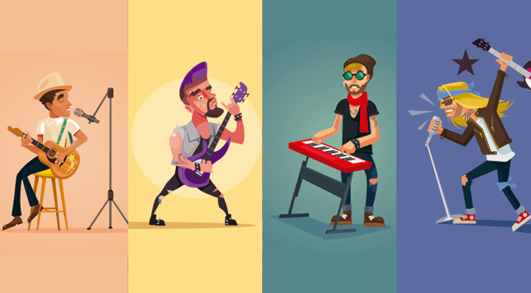 Multiple frames of cartoon images of types of music