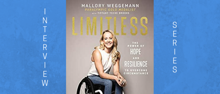 Image of Mallory Weggemann, a blonde woman wearing a white shirt and jeans. Mallory sits in an armless wheelchair and is facing the camera smiling. Mallory has her hands intertwined on her knees, as she is leaning forward. Her new memoir titled “Limitless: The Power of Hope and Resilience,” which was released on March 2, co-written by Tiffany Yecke Brooks and published by Nelson Books. Is also written on the cover. The book is available at Amazon and other major online stores.