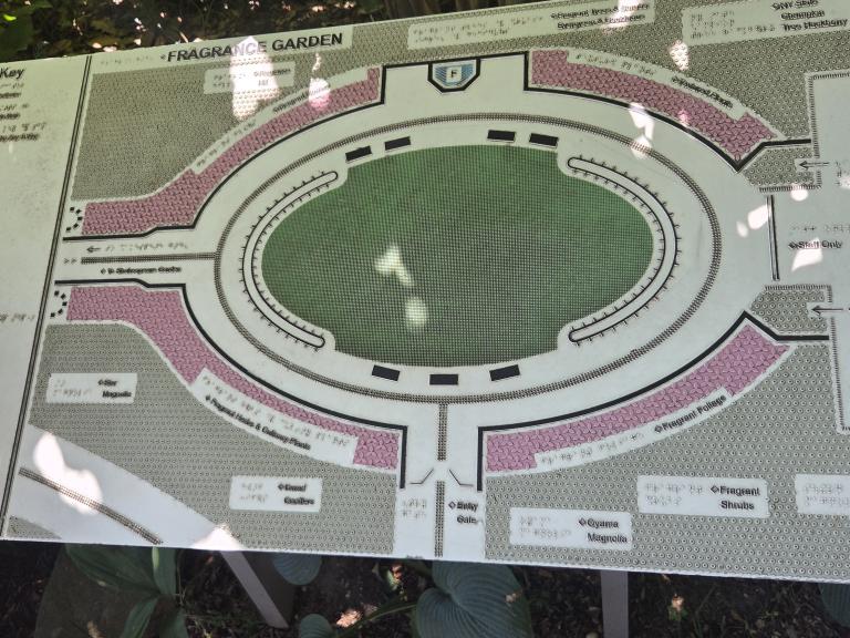 A brail map of the Fragrance Garden showing layout, pathways, and plant designations with a key for navigation.