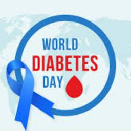 Image of World Diabetes Day poster in 2021. The wording is colored in Red and Blue. There is a drop of blood image and an image of a blue ribbon. The map of the world is faintly in the backgroud.