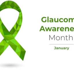 Image of green ribbon with the words, "Glaucoma Awareness Month January" on a white background.