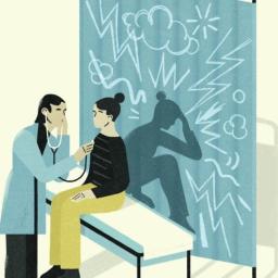 A doctor holding a stethoscope to a lady sitting on a table. Behind the patient is a screen that shows a shadow of her dealing with invisible symptoms.  