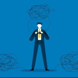Illustration of a person standing calmly amid three large tangles of scribbled thread, symbolizing the unpredictability of unexpected symptoms swirling around them while they remain steady and composed.