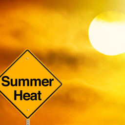 a caution sign that says summer heat in front of a orange and yellow background 