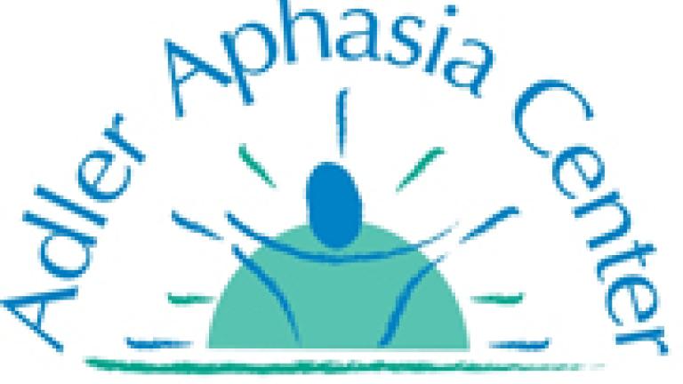 Image of the Adler Aphasia Center logo. The logo features the Adler Aphasia Center wording in a semi-circled shape around a graphic of a man super imposed by the sun.