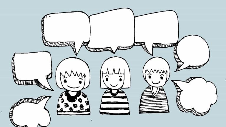 Image of cartoon people with blank quote and thought bubbles around them.