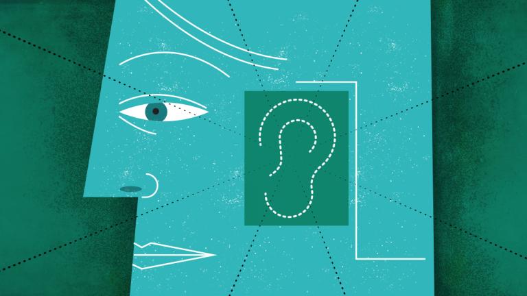 Image of cartoon head in a square shape. The image is done in shades of blue and green. The ear is prominent signaling hearing loss.