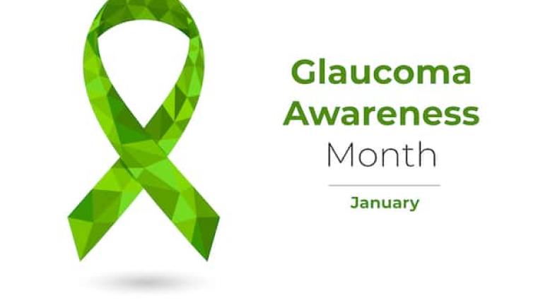 Image of green ribbon with the words, "Glaucoma Awareness Month January" on a white background.