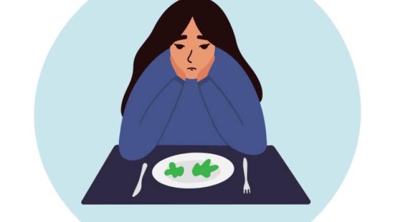 A cartoon female sitting at a plate, struggling with her eating choices