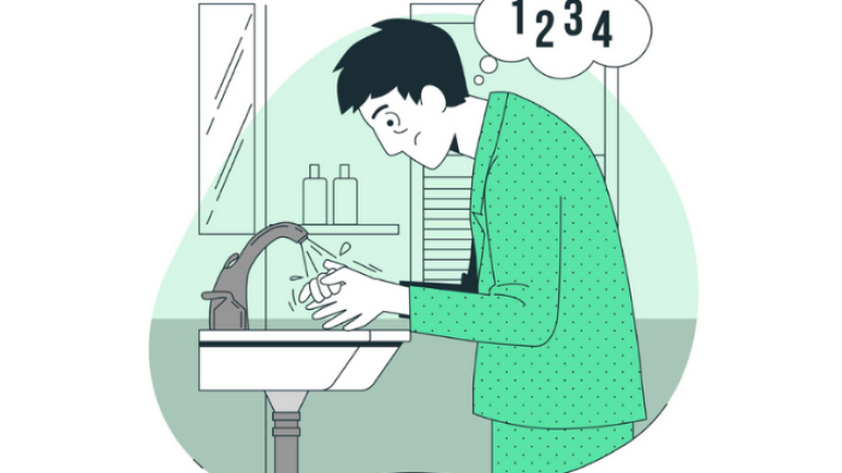 a cartoon of a man washing his hands, counting, in psychological distress