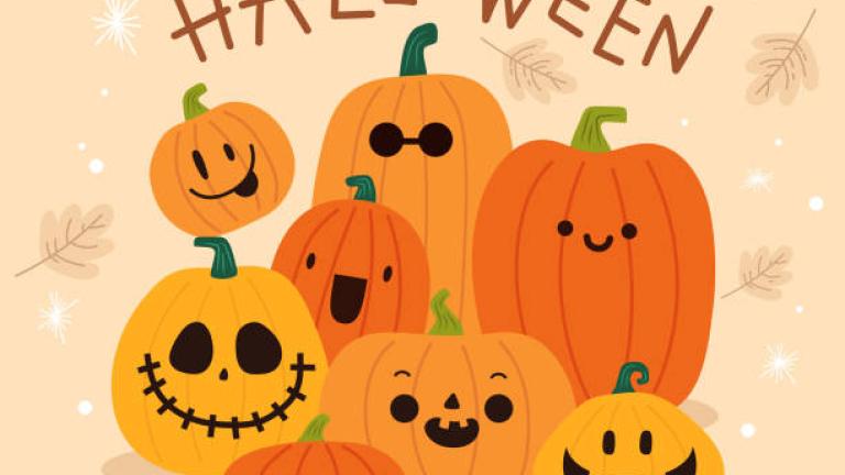 a bunch of pumpkins with smiles with the word Halloween above them