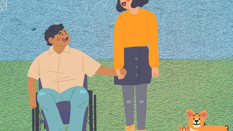 Individual in a wheelchair holding hands with an able body individual