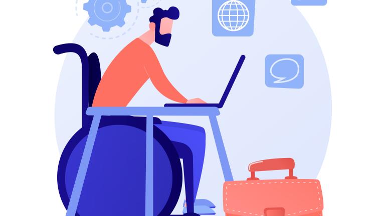 cartoon drawaing of a man in a wheelchair sitting at a computer with a breficase on the floor