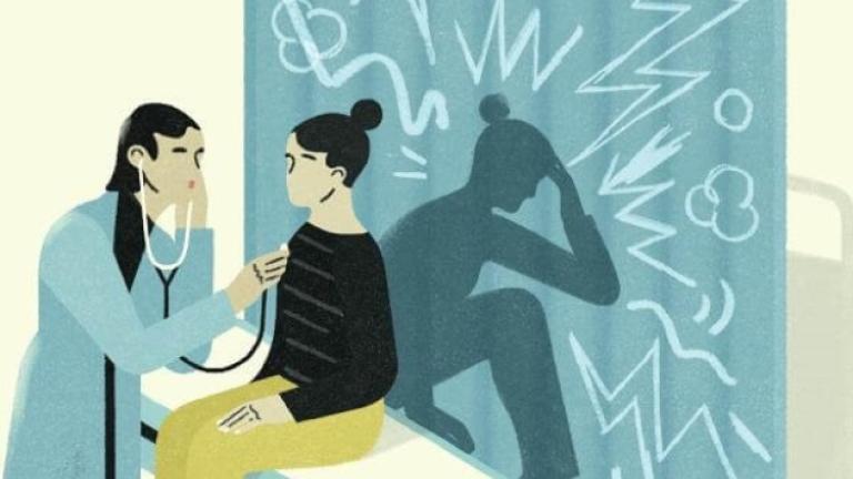 A doctor holding a stethoscope to a lady sitting on a table. Behind the patient is a screen that shows a shadow of her dealing with invisible symptoms.