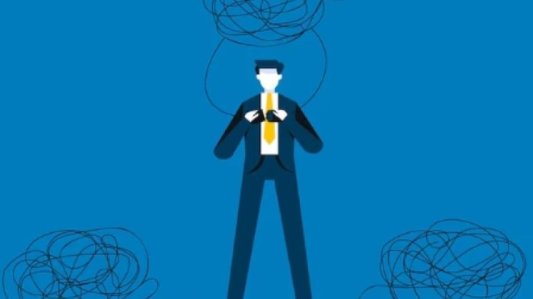 Illustration of a person standing calmly amid three large tangles of scribbled thread, symbolizing the unpredictability of unexpected symptoms swirling around them while they remain steady and composed.