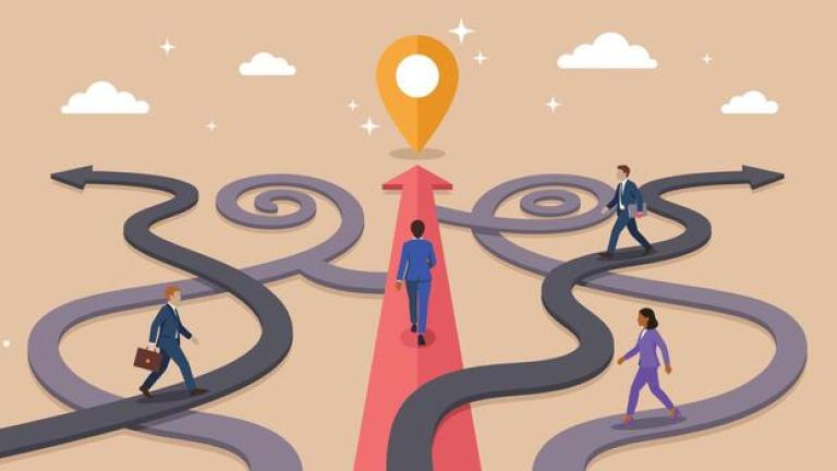 A light orange background with multiple squiggly roads and one striaght road down the middle